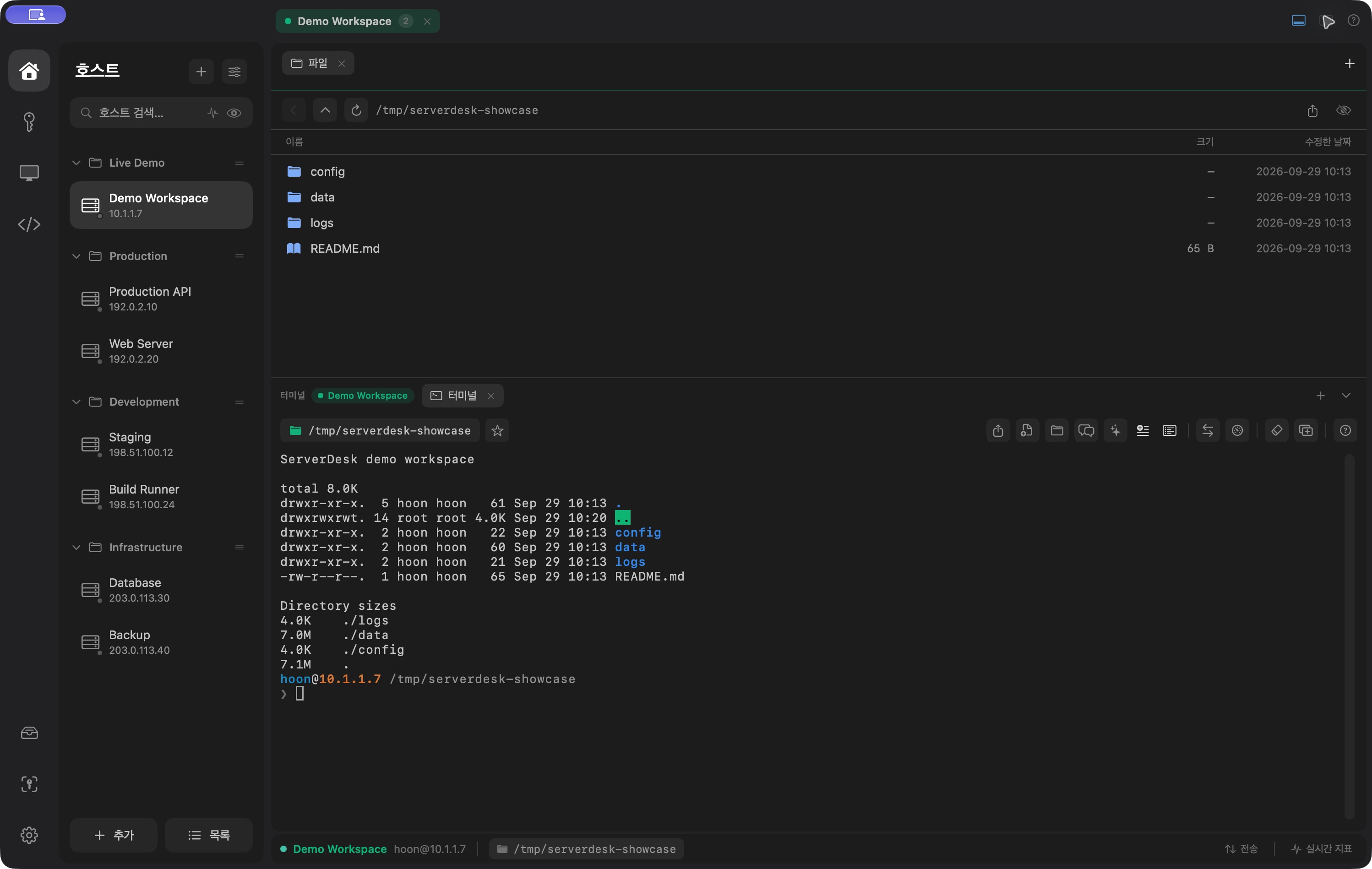 ServerDesk 앱의 터미널과 파일을 함께 화면